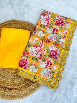 Yellow Color  Digital Print and zari dori Embroidered Work Silk Saree. 3