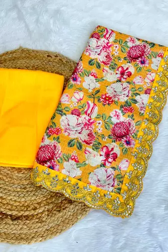 yellow floral print vichitra silk saree with embroidered border