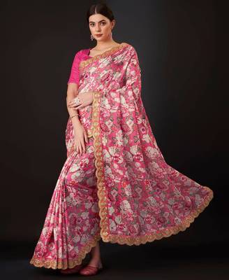 Pink Color  Digital Print and zari dori Embroidered Work Silk Saree. 1