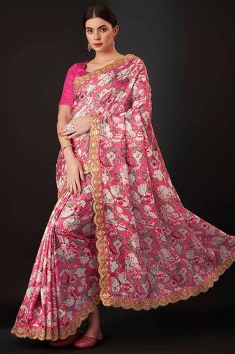 Pink Color  Digital Print and zari dori Embroidered Work Silk Saree.