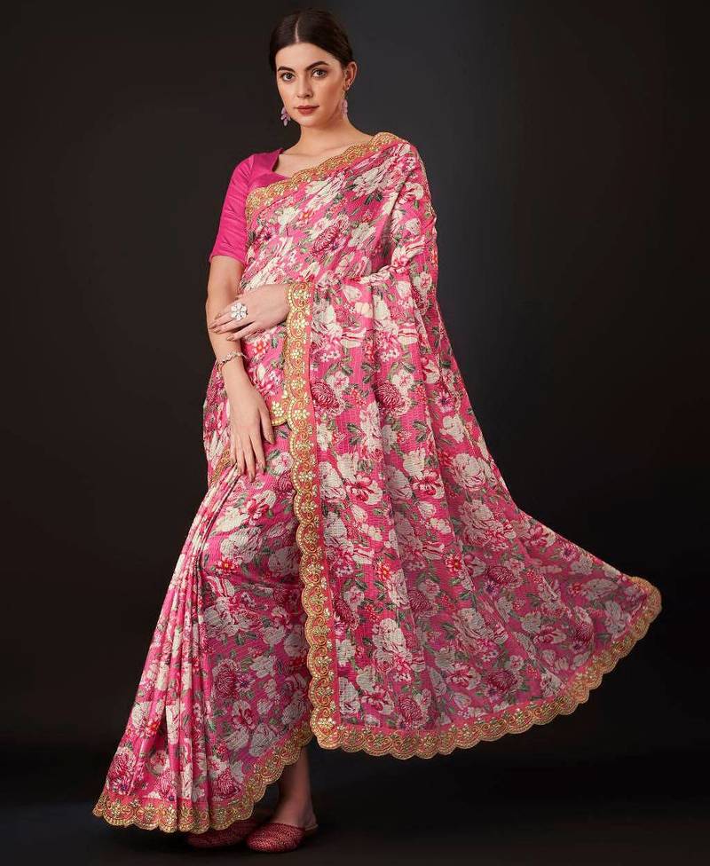 Pink Color  Digital Print and zari dori Embroidered Work Silk Saree.