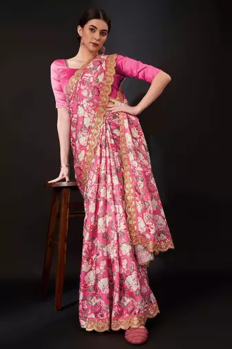 pink floral print vichitra silk saree with embroidered border
