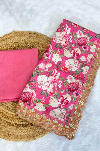 pink floral print vichitra silk saree with embroidered border