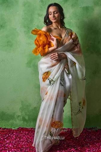 White Color floral print with beads and katdana handwork Silk Saree