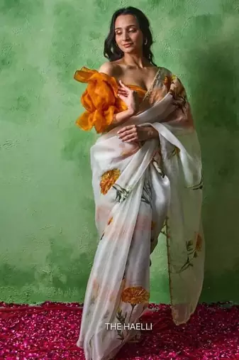 White Color floral print with beads and katdana handwork Silk Saree