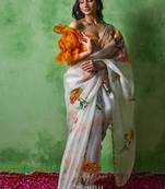 White Color floral print with beads and katdana handwork Silk Saree