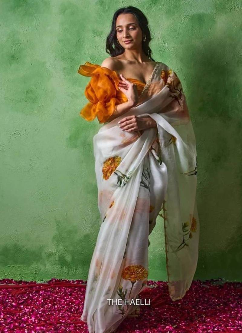 White Color floral print with beads and katdana handwork Silk Saree