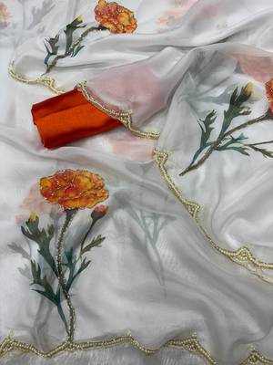 white floral print silk saree with handwork blouse piece 2