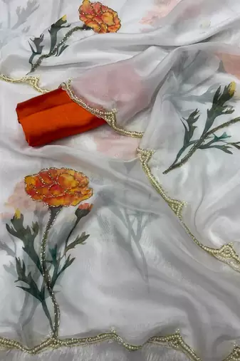 white floral print silk saree with handwork blouse piece