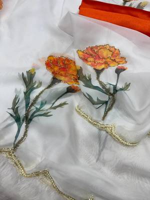 white floral print silk saree with handwork blouse piece 3