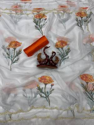 white floral print silk saree with handwork blouse piece 4
