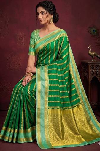 green soft silk banarasi full zari work saree with blouse