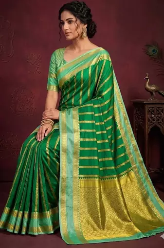 Women's stunning green soft silk Faux banarasi full zari work saree with blouse piece