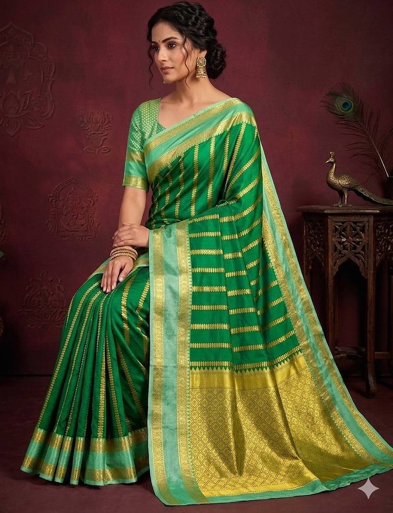Women's stunning green soft silk Faux banarasi full zari work saree with blouse piece