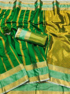 green soft silk banarasi full zari work saree with blouse 2