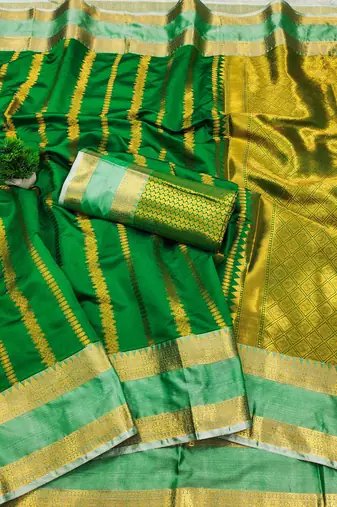 green soft silk banarasi full zari work saree with blouse