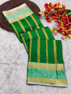 green soft silk banarasi full zari work saree with blouse 3