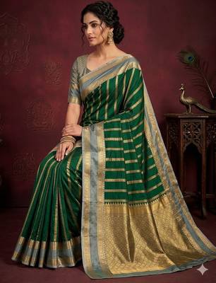 dark green soft silk banarasi zari work saree with blouse 1