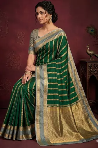 Women's stunning dark green soft silk Faux banarasi full zari work saree with blouse piece