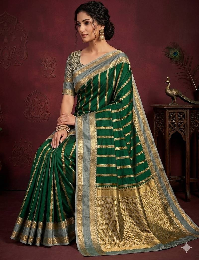 Women's stunning dark green soft silk Faux banarasi full zari work saree with blouse piece