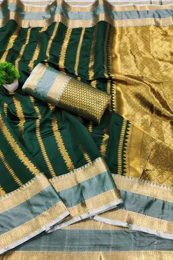 dark green soft silk banarasi zari work saree with blouse