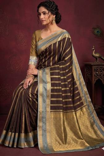 Women's stunning brown soft silk Faux banarasi full zari work saree with blouse piece