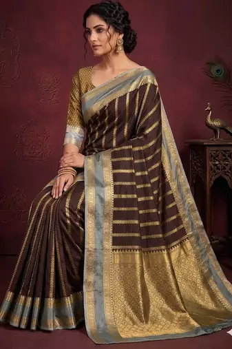 Women's stunning brown soft silk Faux banarasi full zari work saree with blouse piece