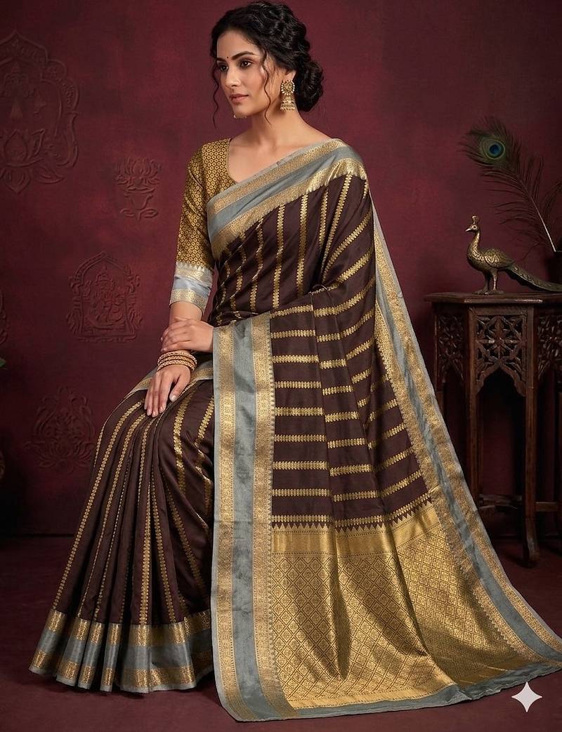 Women's stunning brown soft silk Faux banarasi full zari work saree with blouse piece