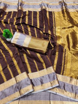 women's elegant brown soft silk banarasi full zari work saree with blouse piece 2