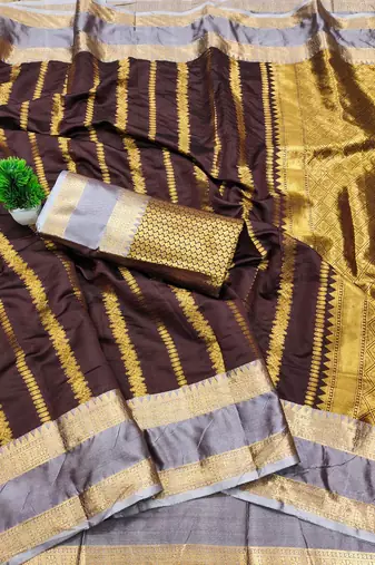 women's elegant brown soft silk banarasi full zari work saree with blouse piece