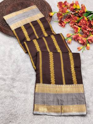 women's elegant brown soft silk banarasi full zari work saree with blouse piece 3