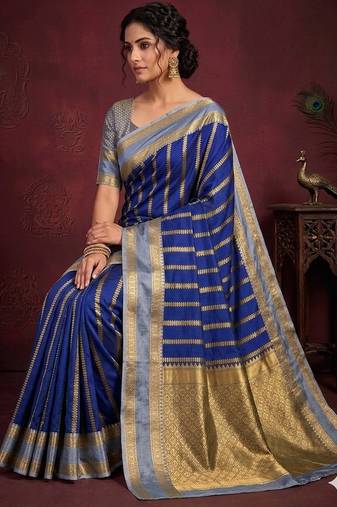 Women's stunning blue soft silk Faux banarasi full zari work saree with blouse piece