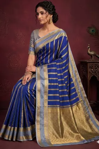 Women's stunning blue soft silk Faux banarasi full zari work saree with blouse piece