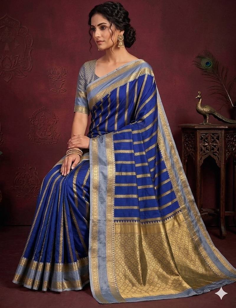 Women's stunning blue soft silk Faux banarasi full zari work saree with blouse piece