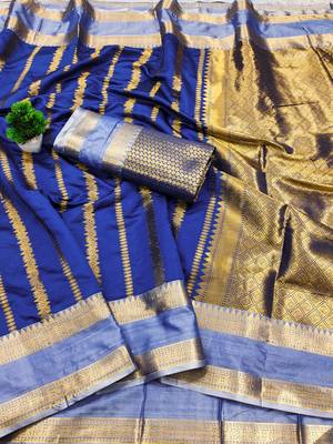 women's royal blue soft silk banarasi zari work saree with blouse piece 2