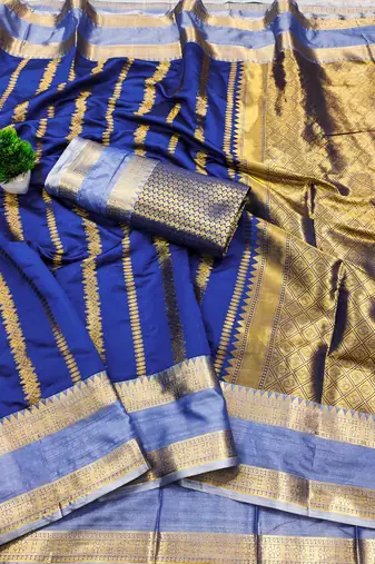 women's royal blue soft silk banarasi zari work saree with blouse piece