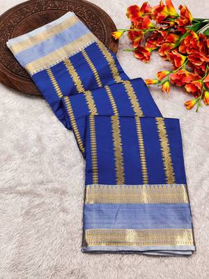 women's royal blue soft silk banarasi zari work saree with blouse piece 3