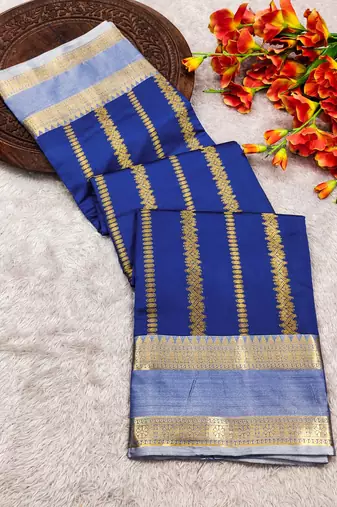 women's royal blue soft silk banarasi zari work saree with blouse piece