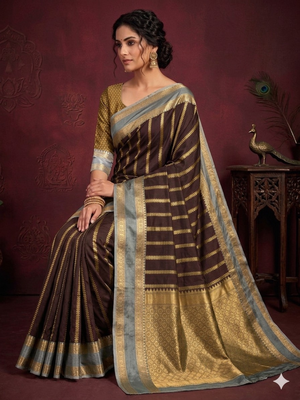 women's elegant brown soft silk banarasi full zari work saree with blouse piece 4