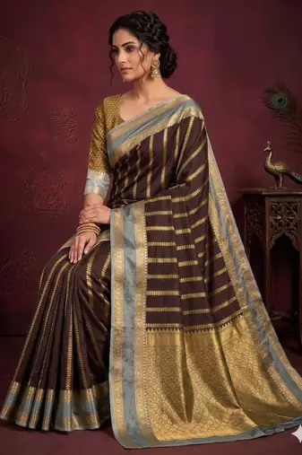 women's elegant brown soft silk banarasi full zari work saree with blouse piece