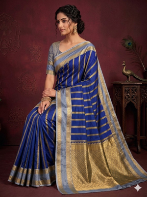 women's royal blue soft silk banarasi zari work saree with blouse piece 4