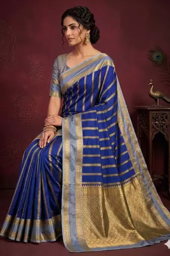 women's royal blue soft silk banarasi zari work saree with blouse piece