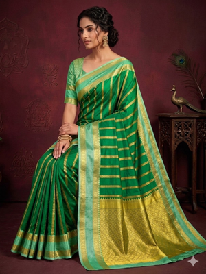 green soft silk banarasi full zari work saree with blouse 4