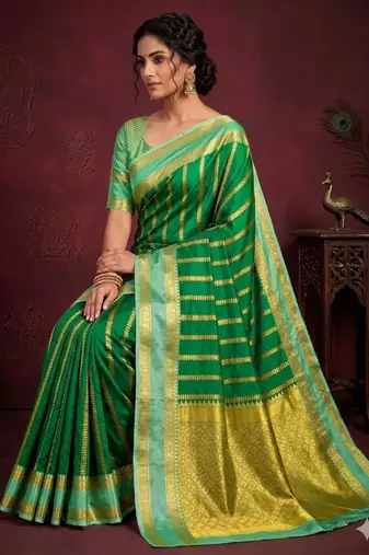 green soft silk banarasi full zari work saree with blouse