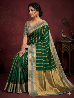 dark green soft silk banarasi zari work saree with blouse 4