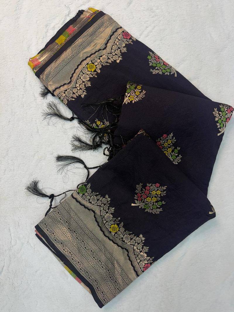 Black Color jaqurad weveing Work  Georgette Saree