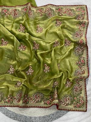 Green Color Thread Embroidery work  Satin Silk Saree 1