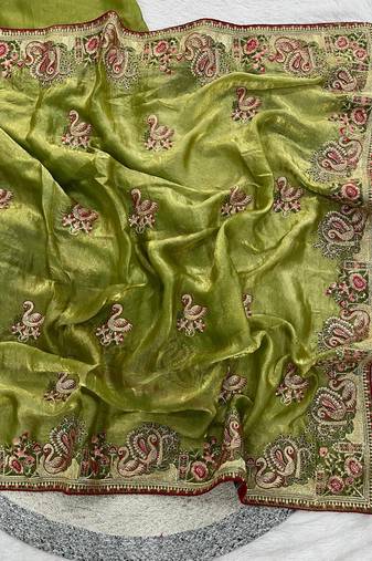 Green Color Thread Embroidery work  Satin Silk Saree