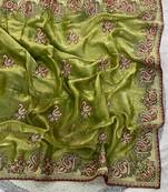 Green Color Thread Embroidery work  Satin Silk Saree