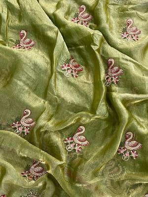 Green Color Thread Embroidery work  Satin Silk Saree 2